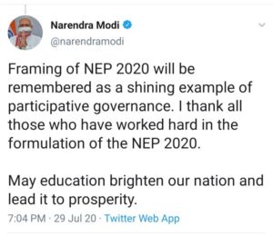 Narendra modi tweet on NEP 2020