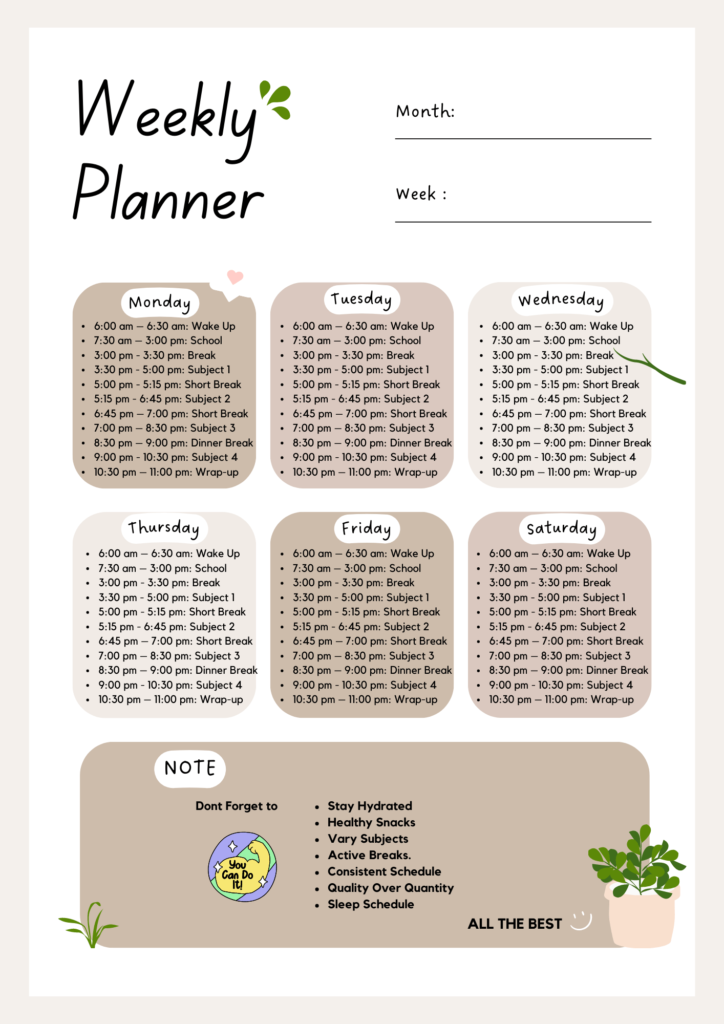 weekly planner for JEE/ NEET/ CBSE